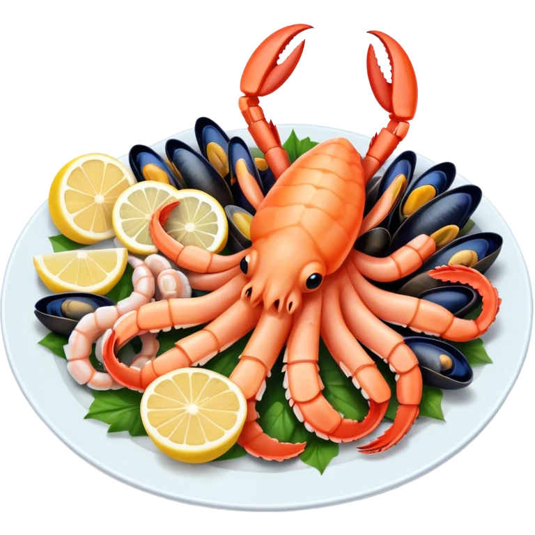 seafood platter - shrimp, king crab, squid, octopus, mussels emoji