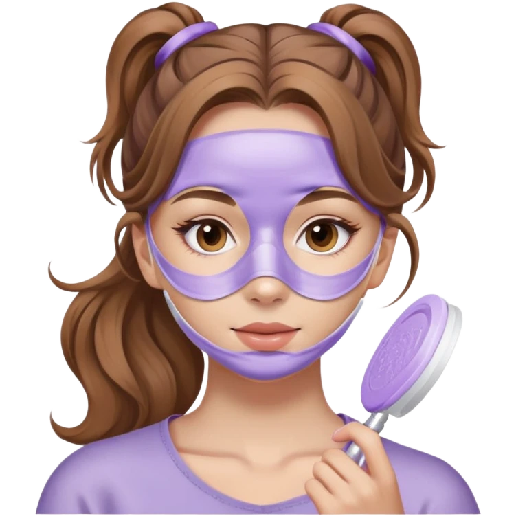 girl with wavy light brown hair in ponytail applying lilac face mask skincare emoji