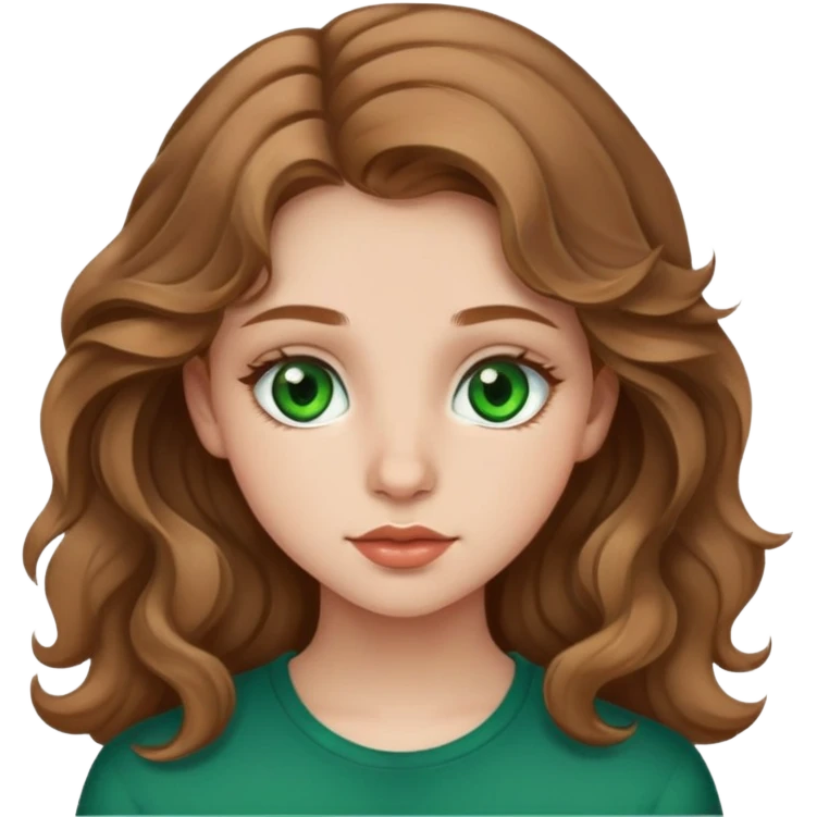 A 18 years old girl with light brown wavy hair, green eyes, little lips and little nose  emoji