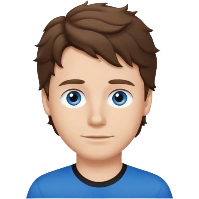 White Male, wavy brown hair, blue eyes, black t-shirt emoji