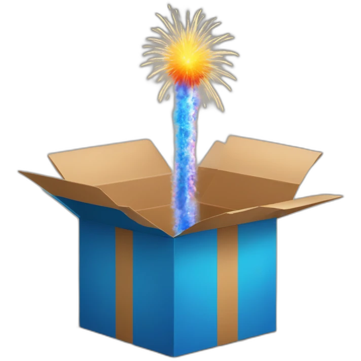 an open box with a firework coming out and a question mark in the middle emoji