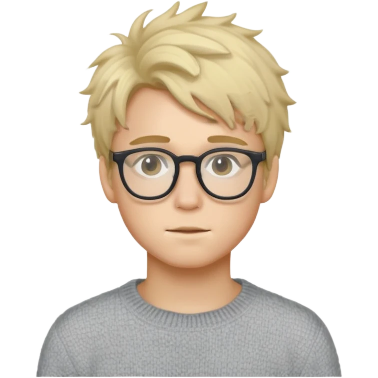 Twink with blonde messy hair and glasses, white skin and a grey sweater emoji