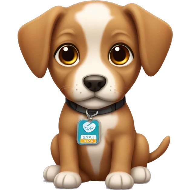 Small brown puppy with name badge Leo  emoji