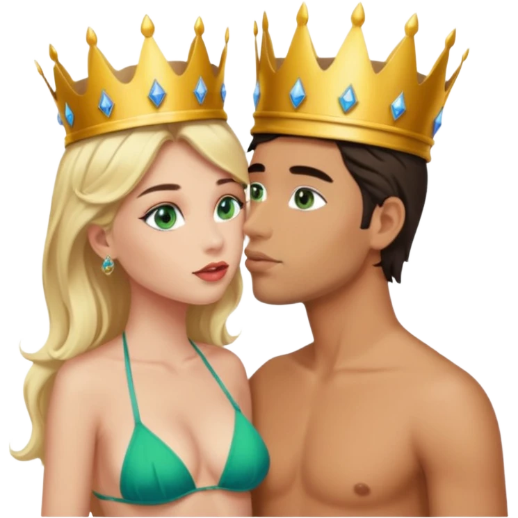 Blonde Queen Green eyes with crown in Bikini kissing Male subject dark Hair blue eyes emoji