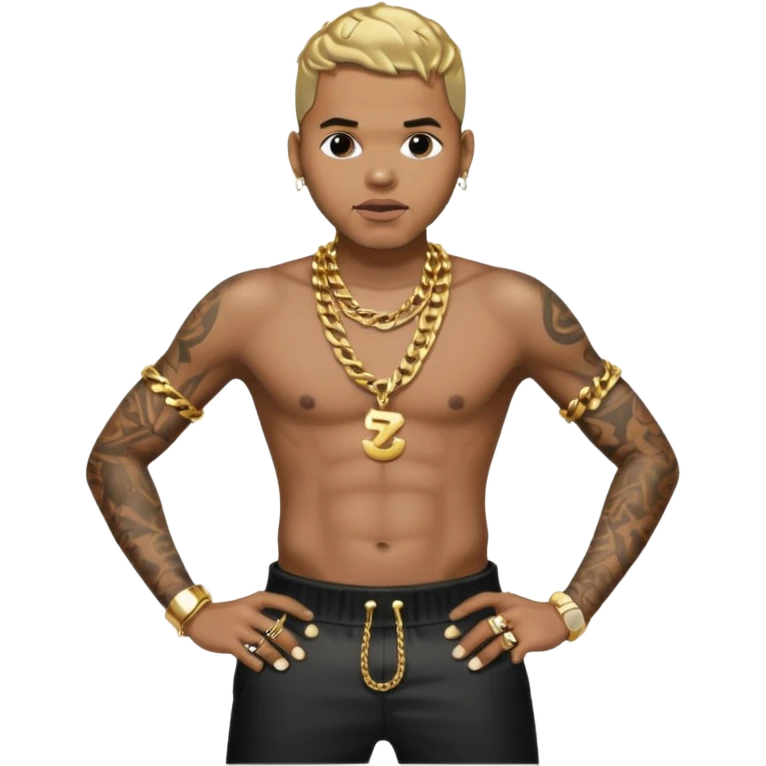 Chris Brown with metallic black pants, shirtless with necklace emoji
