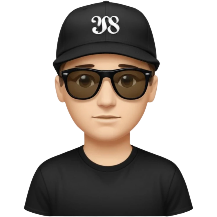 Emoji of a white man with short dark brown hair under a black baseball cap, wearing a black t‑shirt and 1980s‑style black Ray‑Ban rectangle sunglasses black lenses, with black musical notes floating around his head,  emoji