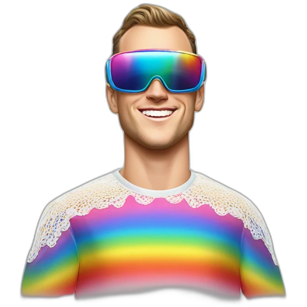 Fancy disco Jonathan Toews wearing rainbow lace shirt and wearing VR glasses and eating a moon pie emoji
