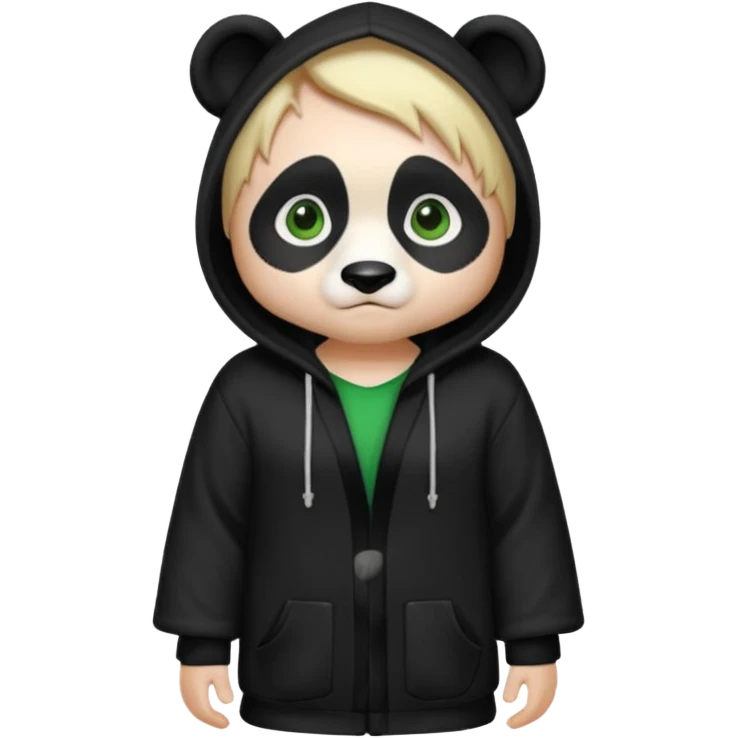 A white man with green eyes, medium-length blond hair, wearing a panda hoodie and black pajama-like robes. emoji