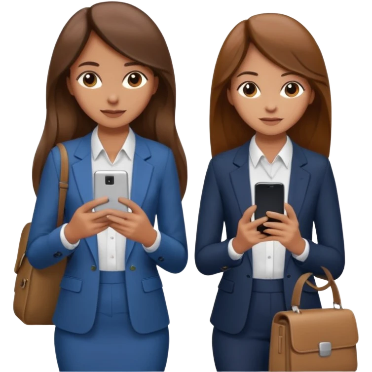 two brown haired girls, looking professional maybe leaned on each others back and looking forward and using phones, with long hair and one girl can hold lap top another one can hold the phone, professional clothes, more stylish emoji