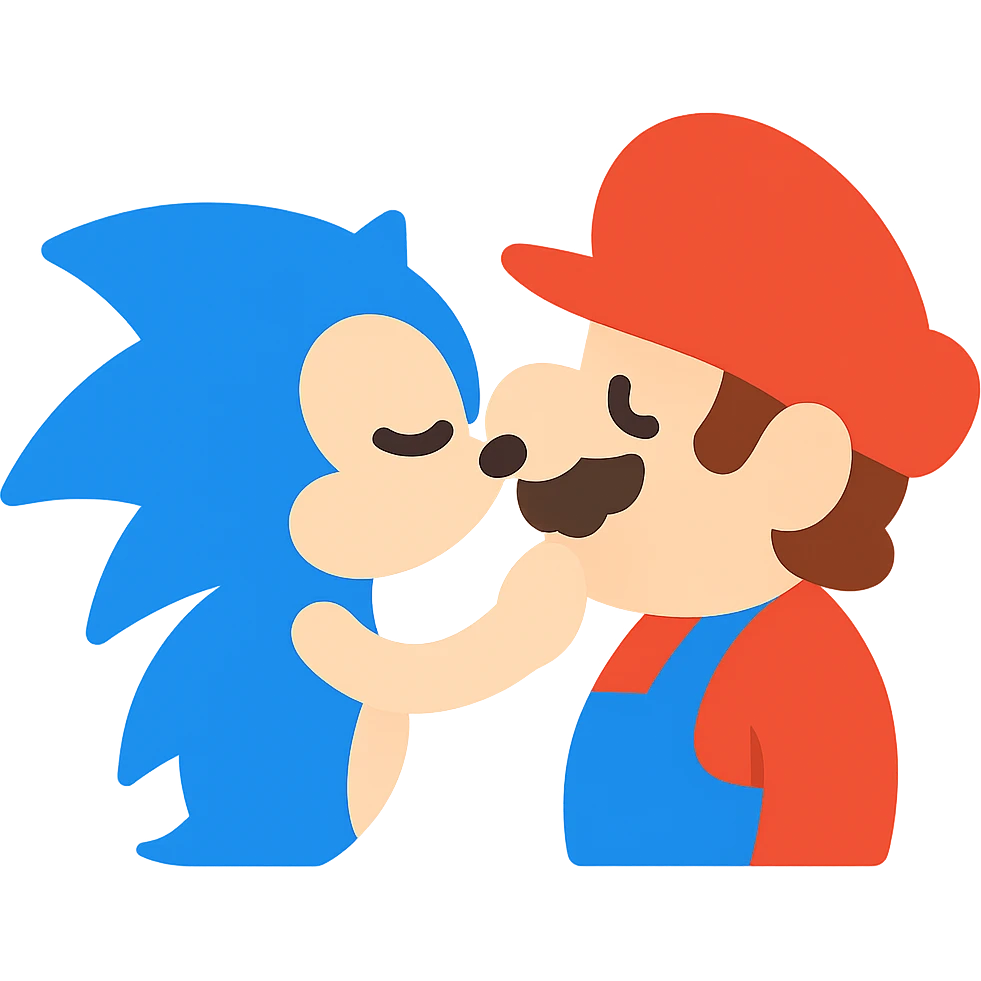 Sonic the Hedgehog kissing Mario, flat color icon style, minimal details, vibrant color palette emoji