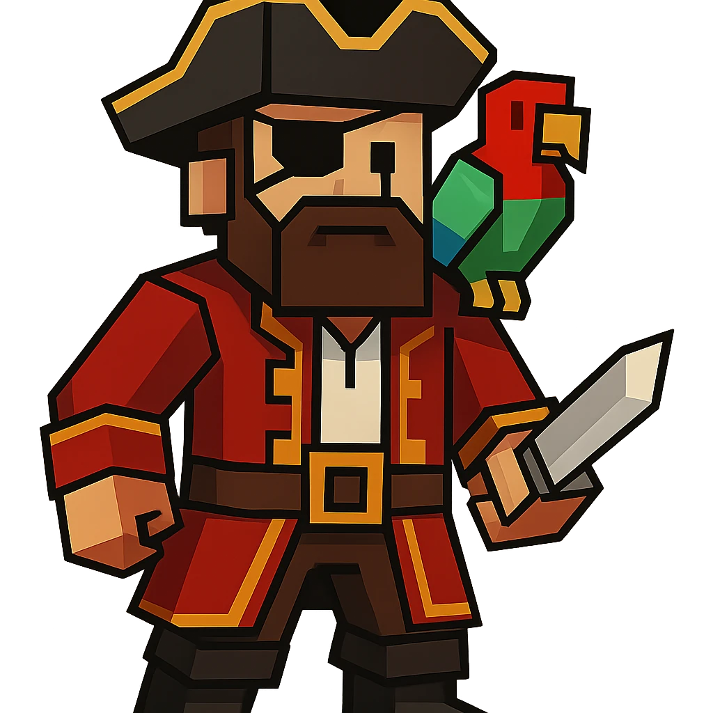 A pirate captain with a hat, eye patch, and a parrot on shoulder, clean geometric style emoji