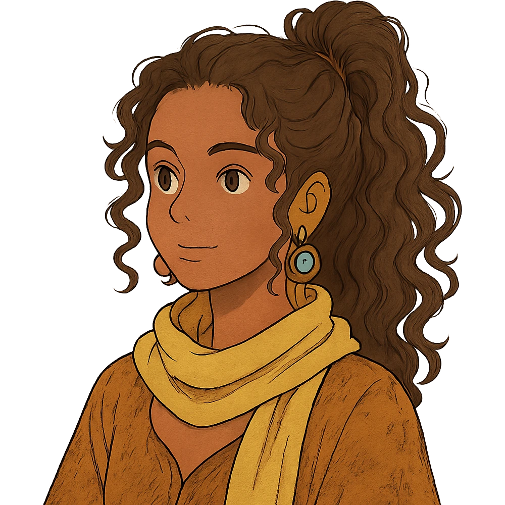 bohemian style girl with brown skin, long brown curly hair tied high, wearing a lemon yellow scarf and round earrings emoji