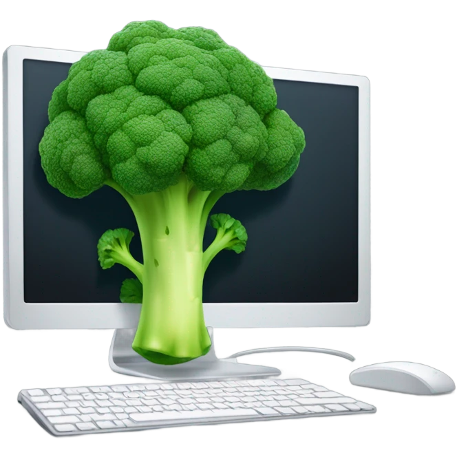 Generate a creative broccoli emoji sitting in front of a computer with a stylus, designing something on a screen. emoji