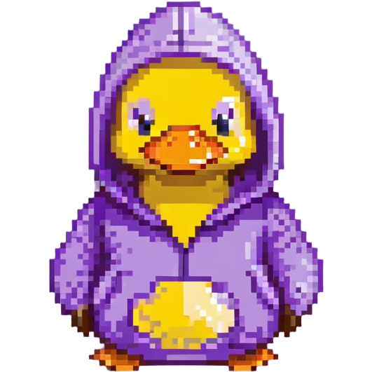 Pixelated rubber duck with a purple hoodie emoji