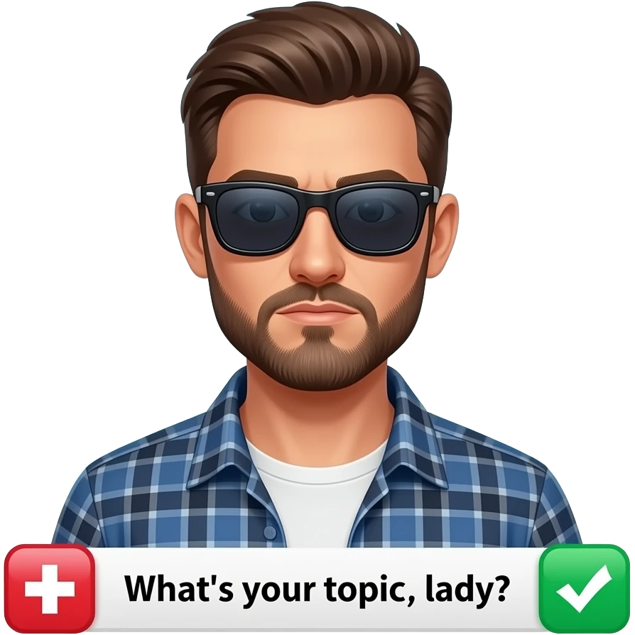 A informal man, with sunglasses, glowing digital, chat, peoples, symbols on the around, a floating Facebook logo, on the left shoulder, looking at viewer with serious. Text on below: 'What's your topic, lady?'. Shimmering red cross and green check icons, white background emoji