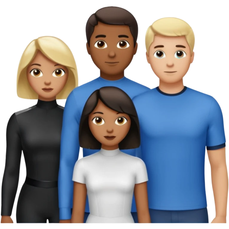 3 Friends standing side by side, charlie's angels style: 1 black woman with a short flat pressed bob, 1 hispanic man with a thin nose and long hair, and 1 white guy with blue eyes and a short brown-blonde haircut emoji