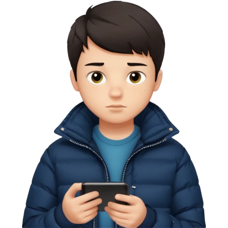 A teenage boy with short dark hair, fair skin, and some acne. He’s wearing a dark puffer jacket and looking at a phone or mirror with a neutral expression. Indoors with natural light. emoji