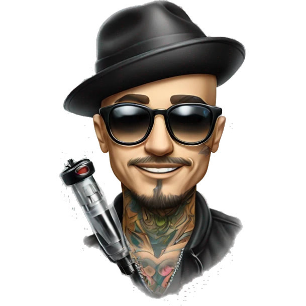 hat and glasses man tattoo artist with tattoo holding tattoo machine emoji