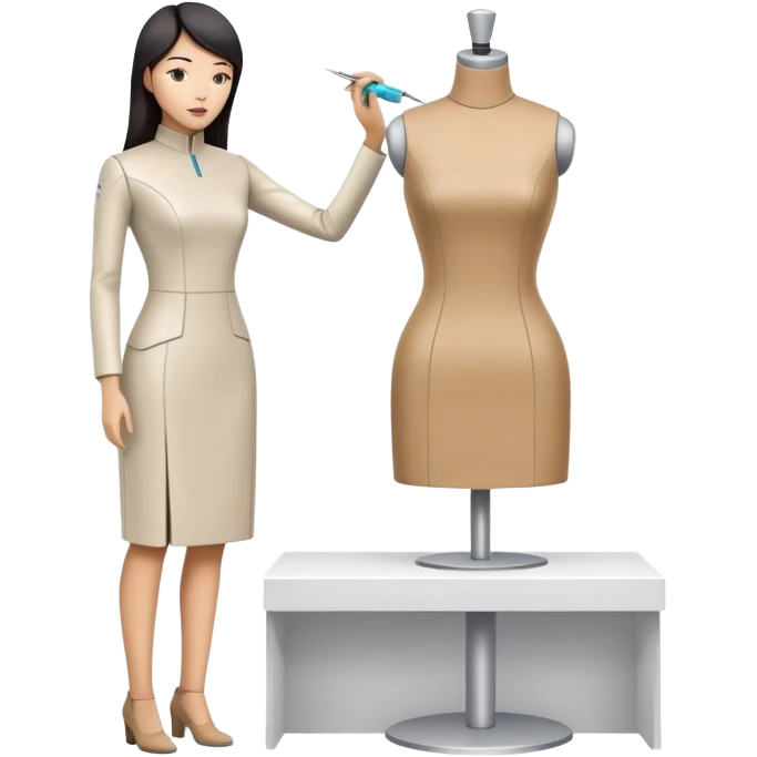 asian female clothing designer, designing futuristic clothing on a headless mannequin emoji
