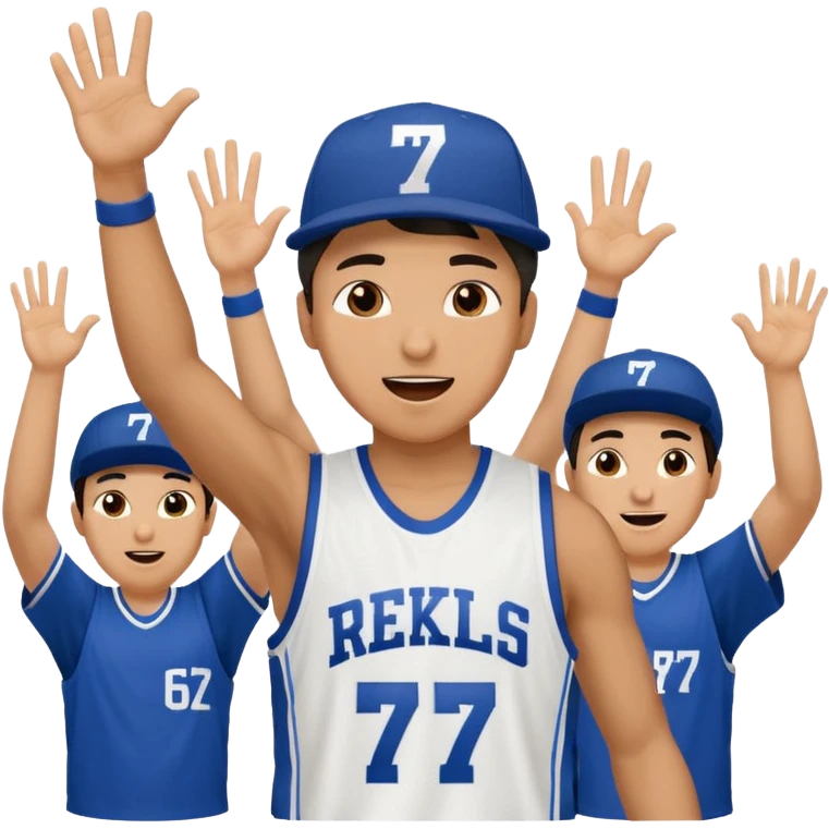 Maverick Trevillian in the crowd at an amateur basketball game. He leans towards the camera and enthusiastically shouts "six seven while performing a distinctive hand gesture: both hands open, palms facing upward, moving up and down as if weighing two options. emoji
