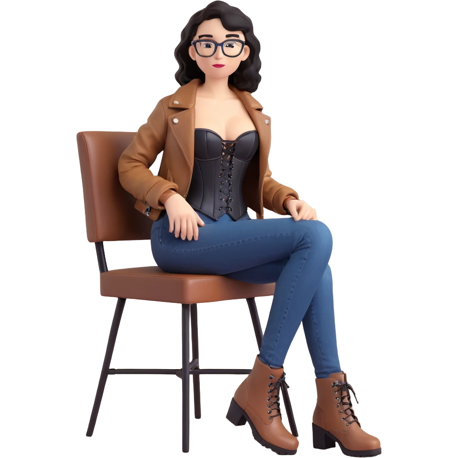 3D animated drawing of a slim, light-skinned woman with wavy black hair and square-shaped glasses, wearing a black corset dress with a brown leather jacket, blue jeans, and brown ankle boots, sitting casually emoji