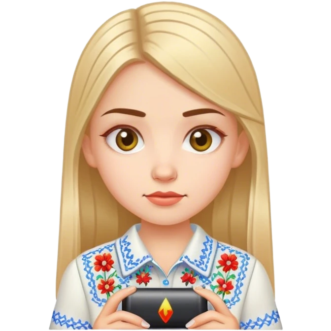 A Ukrainian girl in an embroidered shirt holds a battery emoji