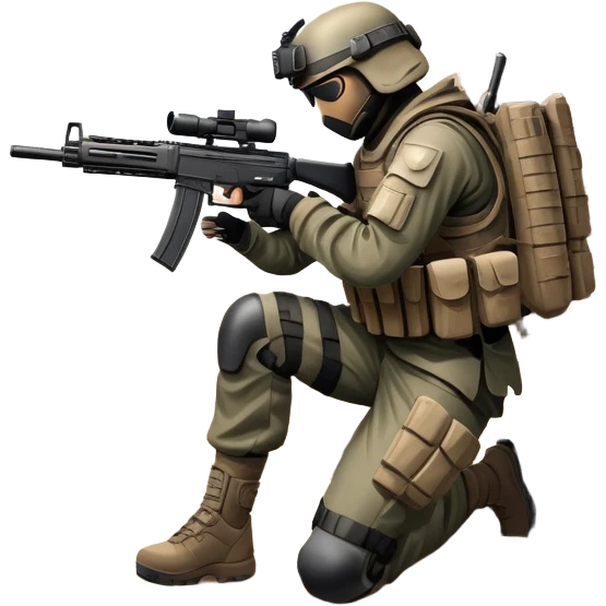 A skilled airsoft player in tactical gear, aiming a gun and shooting metal BBs in a desolate, ruined landscape. The setting is filled with broken walls and debris, creating a tense atmosphere of strategy and precision in a high-stakes tactical environment emoji
