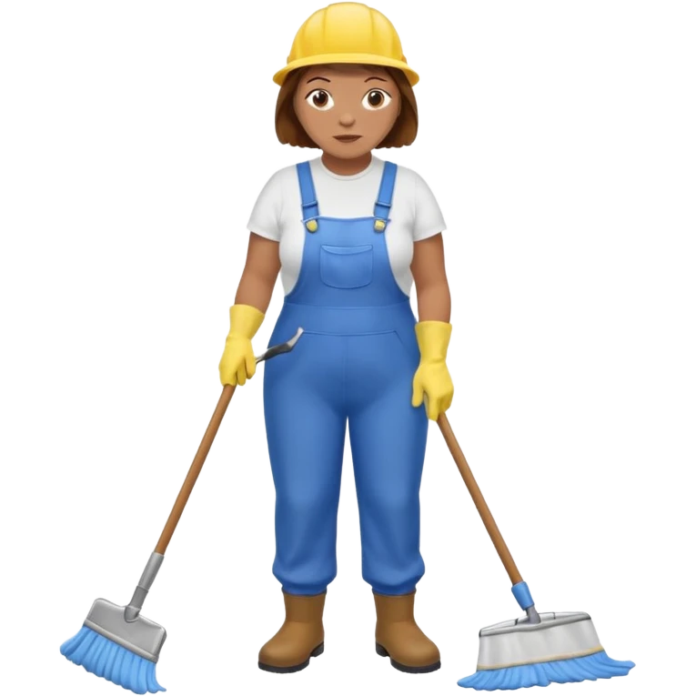 old and fat women, brown hair, Custodian with yellow rubber gloves, white T-shirt, blue overalls, mopping floor emoji