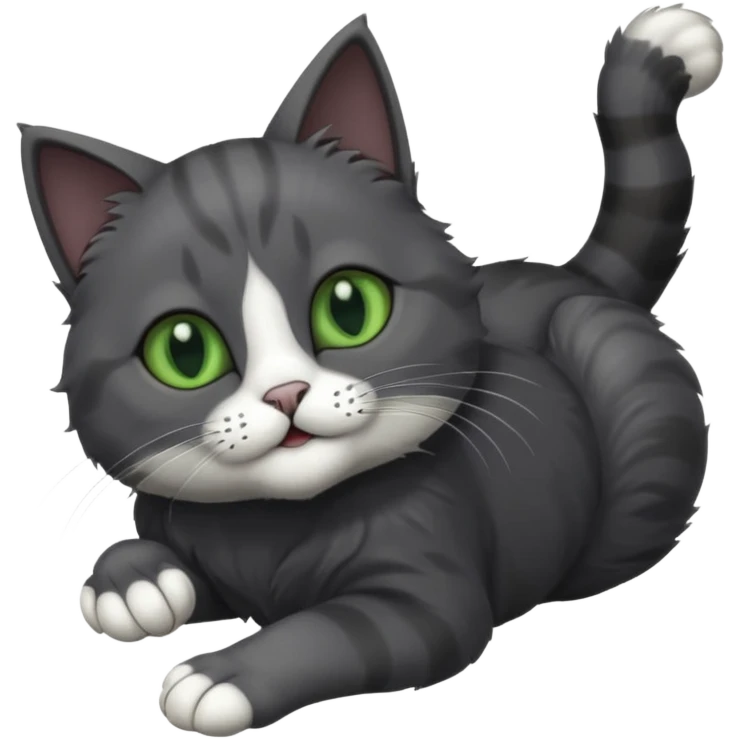 solid dark grey cat with green eyes, fully grey face, white toes/paws playfully rolling upside down emoji