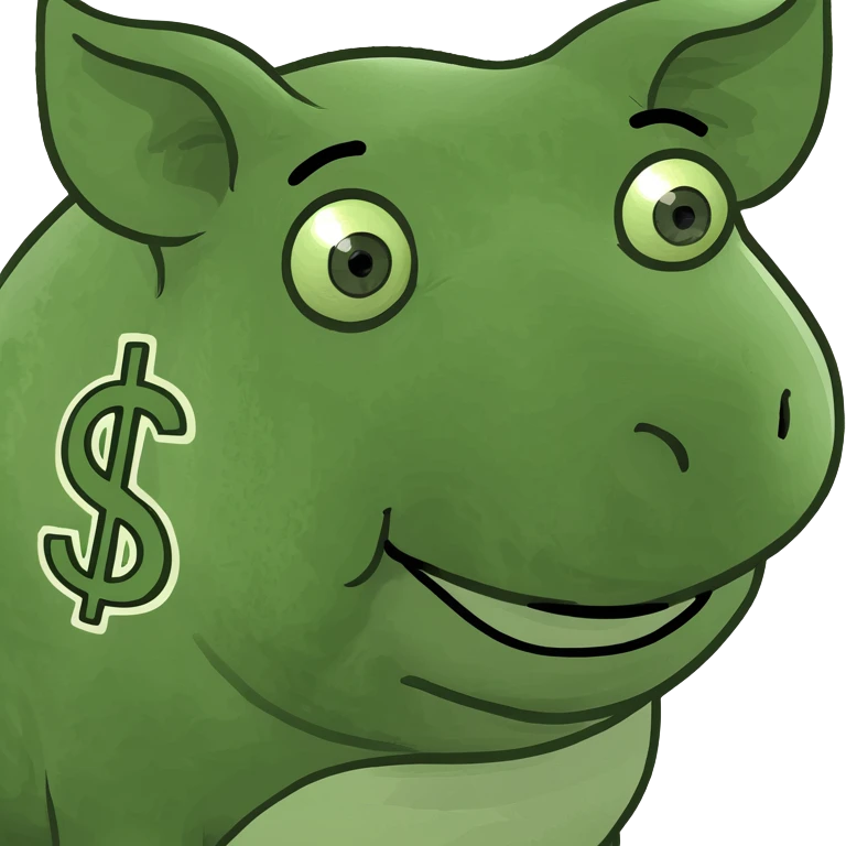 cartoon pig with dollar signs in its eyes and cash in its hooves, inspired by the 'paypig' meme emoji