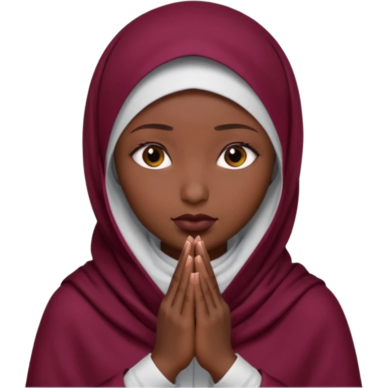 darkskin muslim black woman praying with burgundy hijab hyper realistic face, islamic prayer position  emoji