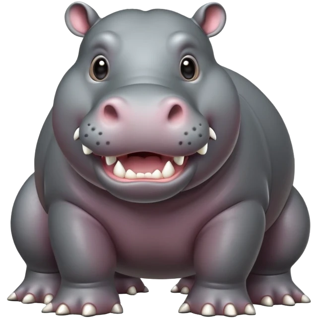 cinematic-hippo-realistic-full-body-side-view-standing-on-all-fours-emoji,-massive-round-frame,-wide-mouthed-grin-exposing-huge-teeth,-head-tilted-dramatically,-thick-grey-hide-glossy, big eues emoji