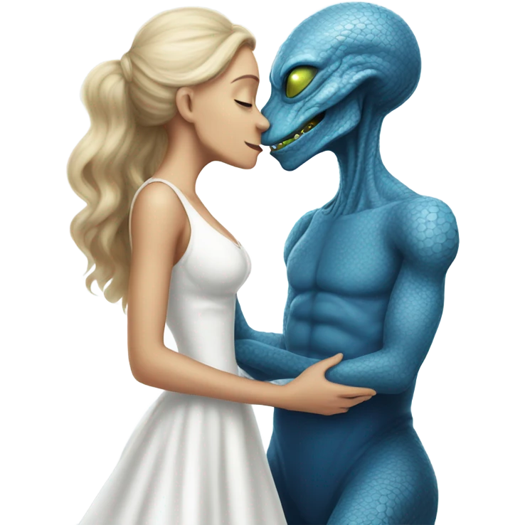 White man in blue dress hugs and kissing Alien reptilian woman in white dress  emoji