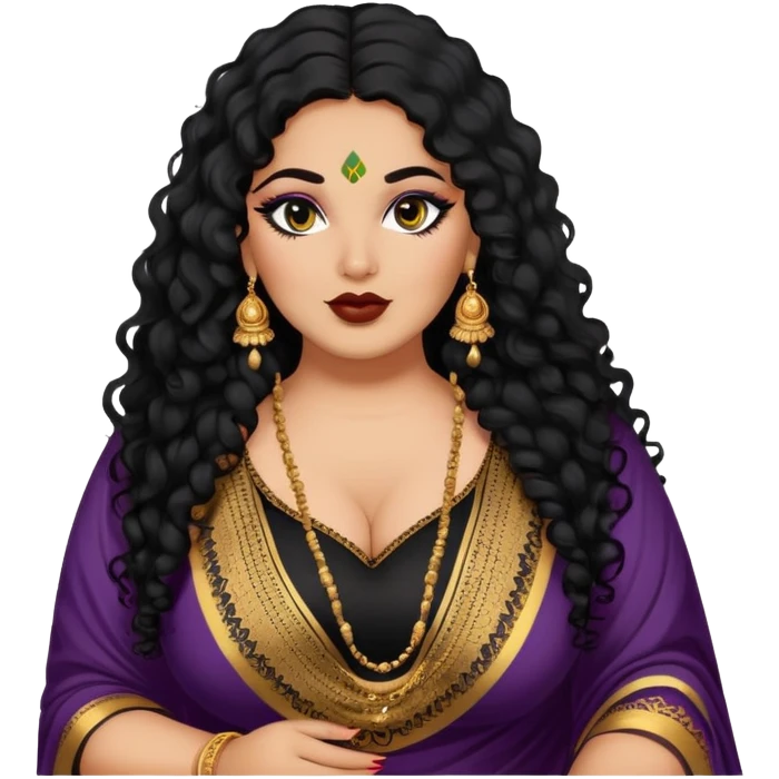 big plus size, medium deep skin, long black curly hair, baddie,pretty, makeup, lipgloss, black eyeliner, loose dupatta, indian
 emoji