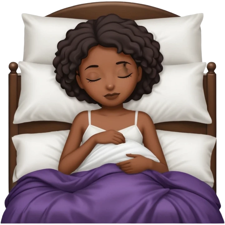 Black girl sleeping in bed with white silk sheets emoji