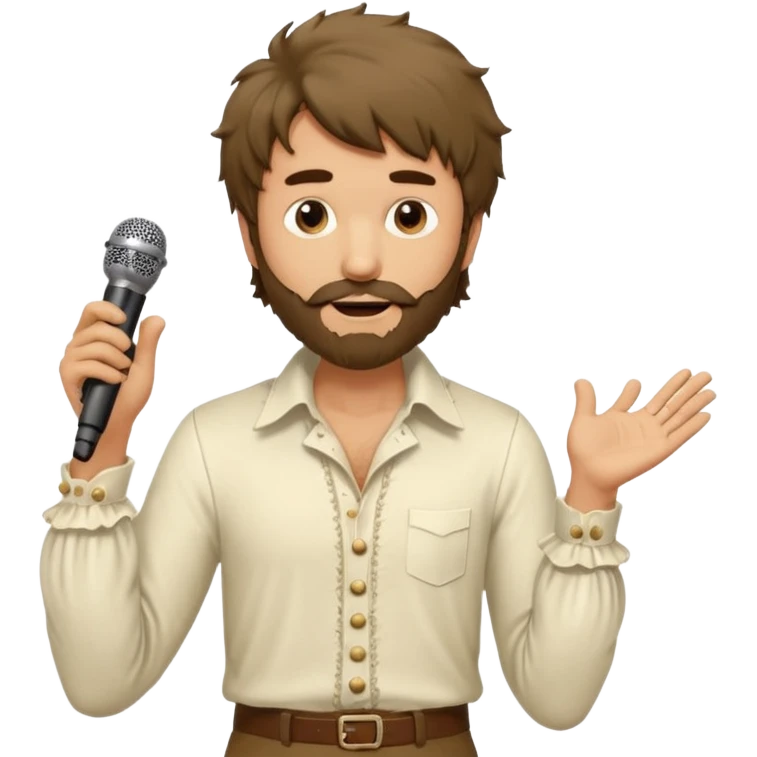unkempt, shaggy with big sideburns Jim Morrison in an ivory Victorian shirt, in an trance dramatic pose, sings on stage emoji