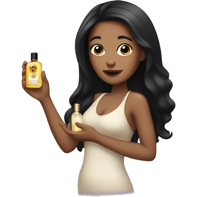 tan girl with long black hair holding perfume emoji