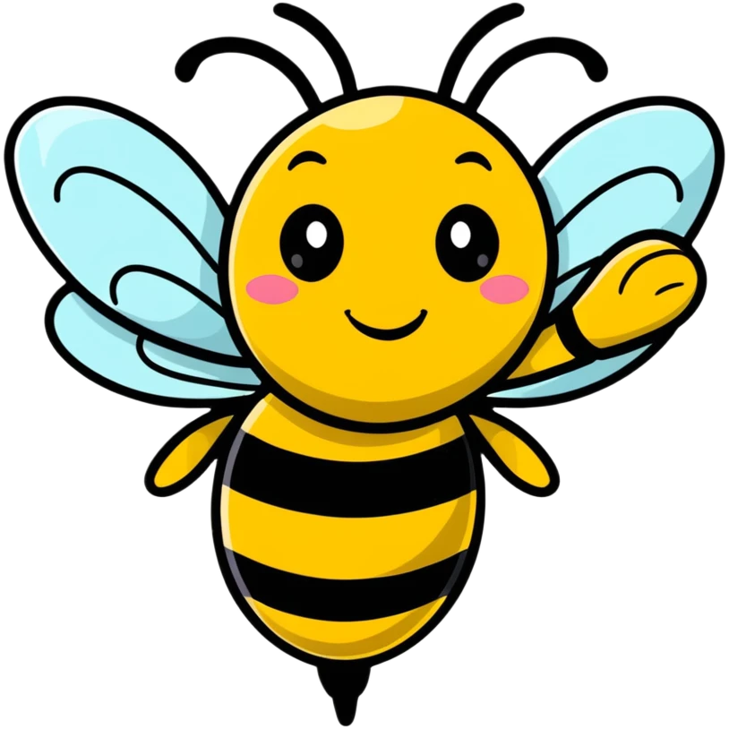 A cheerful buzzing bee with a happy face and translucent wings emoji