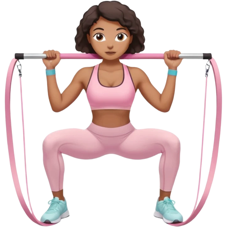 Mixed-race athletic woman with bronzed skin, pastel pink sports bra and white leggings, doing squats with resistance band emoji