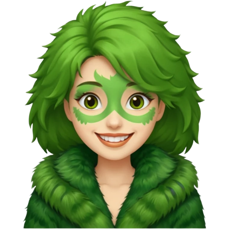 female in green fur coat like grinch emoji