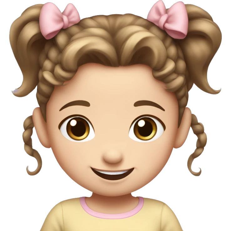 A toddler girl with 2 tiny pig tails on top of her hair with tiny bows, fair skin, blue eyes, brown hair, smiling, wearing a pastel shirt emoji