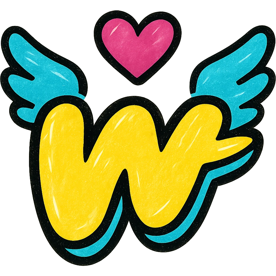 juicy, color-rich Wattpad logo 'w' with bold outline, stylized shadows and highlights, decorated with a pair of colorful wings and a heart above the logo, no background emoji