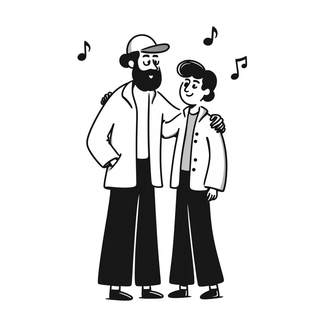 A taller 35-year-old musician with beard and backwards cap with his arm around the shoulder of his shorter, younger 25-year-old musician brother. Both facing forward, smiling. Obvious height difference between them. Music notes floating around and band members celebrating in background. emoji