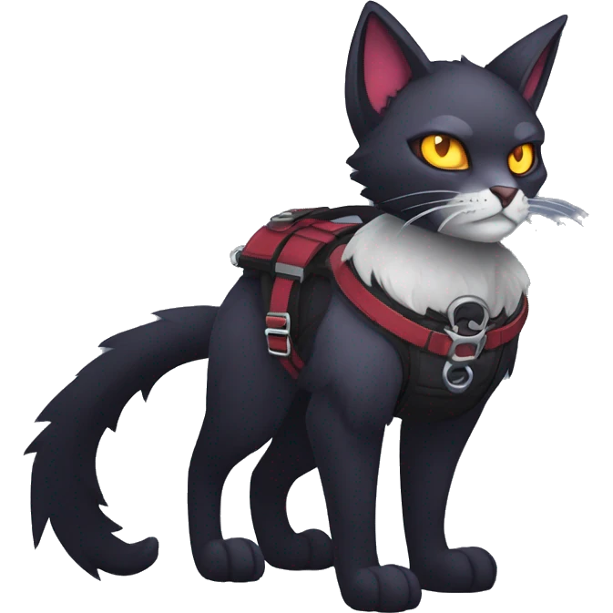 cool edgy fantasy dark-shadow-themed animal vampiric cat hybrid Fakemon  with a harness and collar full body emoji