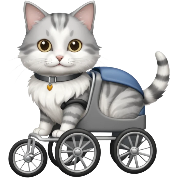grey and white cat in a pet wheelchair emoji