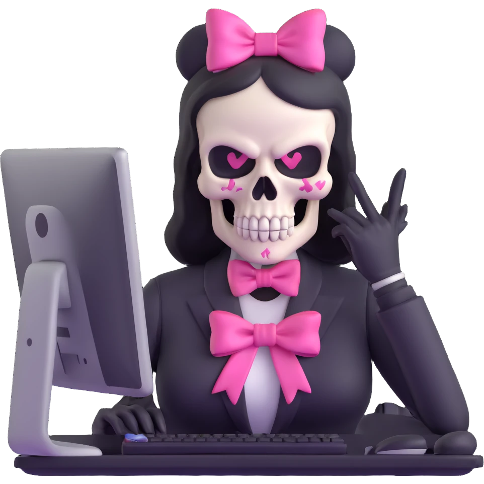 female Punisher skull character with pink bow working on computer emoji