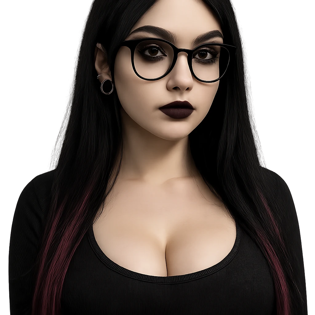 portrait of a pale girl with piercing, long straight black hair with pink ends, dark makeup, glasses, and large chest, upper body emoji