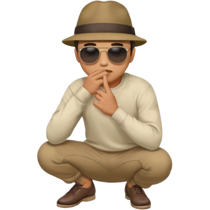 A man squatting down and holdig his hand flat a bit above the ground, like your pettig the air and while holding his finger to his mouth emoji