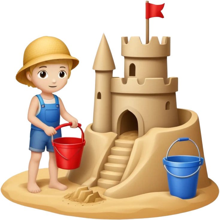 child with a bucket and shovel next to a sandcastle emoji
