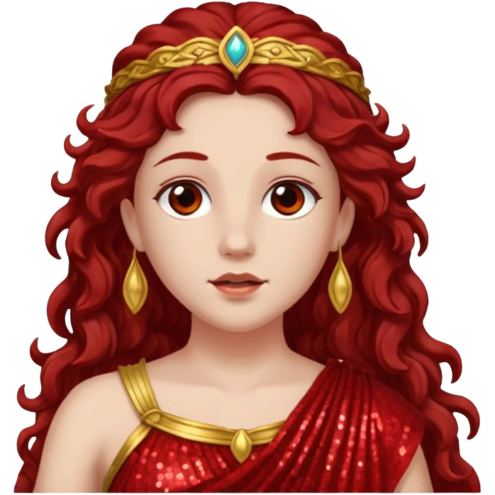 Vesta, Goddess of Hearth from Roman Deities with long dark red wavy hair, red sequin toga  emoji